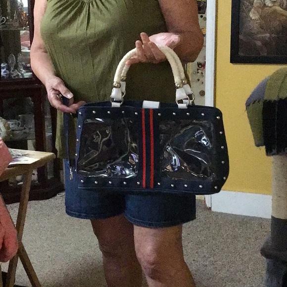 HAND BAG WITH snap closure,    Zipper, inside pocket, windows in front,  blue - Picture 6 of 6